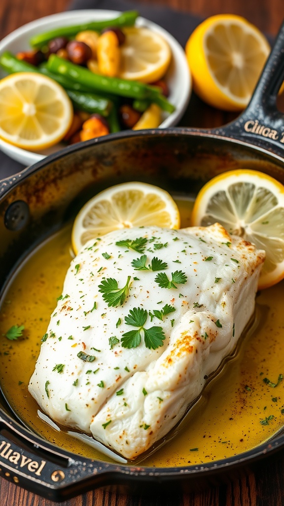 Lemon-Herb Baked Cod on a cast iron skillet, garnished with parsley and lemon slices, served with sautéed vegetables.